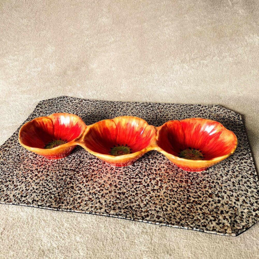Maxcera Water Poppy Fields Orange Poppies 3 Ceramic Bowl Serving Dish